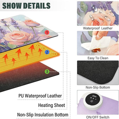 Large Heated Mouse Pad,Leather Desk Mat,31.5"x13",Hand Warmer Pads for Desk,Lavender Rose(Morandi)
