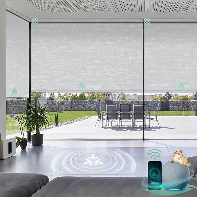 Yoolax Smart Blinds, Motorized Matter Roller Shades Blackout Automatic Blinds for Windows Motorized Shades Compatible with Alexa, Google Home, Homekit(Blackout Jacquard White)
