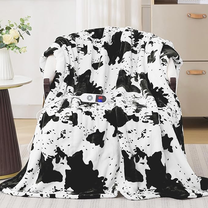 Electric Blanket Twin Size - Reversible Sherpa & Flannel, 62"× 84" Heated Throw Blanket with 6 Heat Settings & 1-12H Timer, Machine Washable, Warm Gift for Women, Black Cow Print
