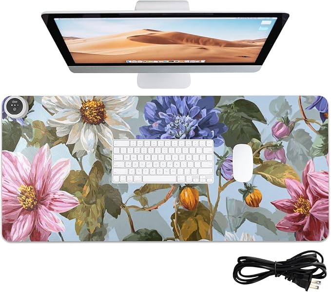 Heated Desk Pad Mouse Pad 31.5x13 Inch PU Leather Desk Mat with 3 Heat Levels Large Mouse Gaming Computer Laptop Mat Blue Daisies Dahlias Bluebells