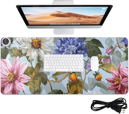 Heated Desk Pad Mouse Pad 31.5x13 Inch PU Leather Desk Mat with 3 Heat Levels Large Mouse Gaming Computer Laptop Mat Blue Daisies Dahlias Bluebells