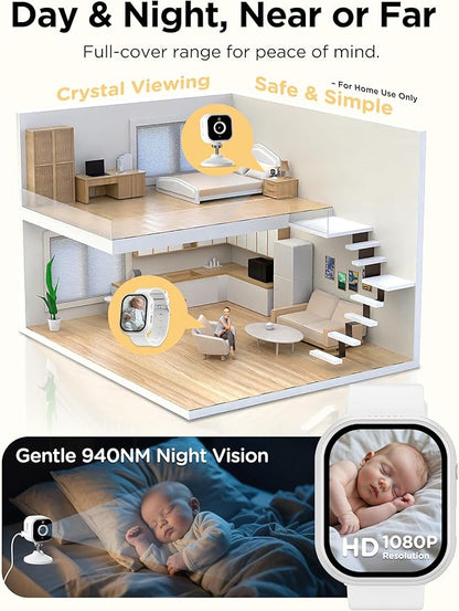 Baby Monitor with Camera and Audio, Wearable Portable Baby Monitor No WiFi Needed Watch, Can Save 1080P HD Video, SD Card Included, Night Vision, 2-Way Talk, Cry & Temp Sense, Alarm & Lullabies