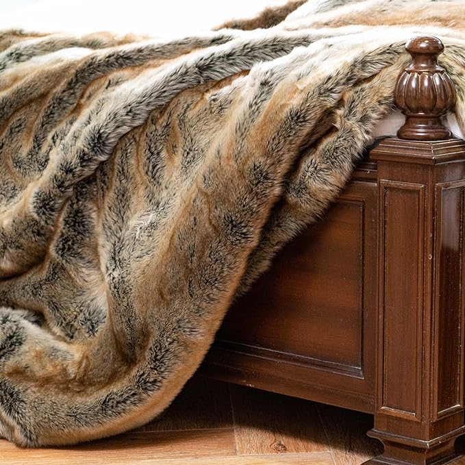 BATTILO HOME Luxury Brown Faux Fur Blanket Thick Warm Elegant Cozy Fuzzy Throw for Couch, Bed, Sofa Fluffy Blankets Decorative Reversible to Plush Velvet, 50"x60"