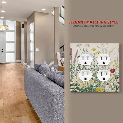 Rustic Wildflower Green Plants Daisy Floral Outlet Covers 2 Gang Double Duplex Decorative Light Switch Covers Electrical Wallplates Socket Faceplate For Farmhouse Bed Room Decor