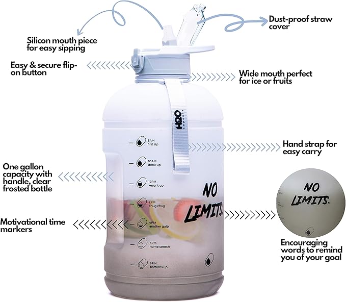 H2O Capsule INSPO Gallon Water Bottle with Time Marker and Straw Motivational Hydration Tracker Jug Big BPA-Free Food-Safe Leakproof Drinking Bottle with Handle & Strap, Rocky Shore