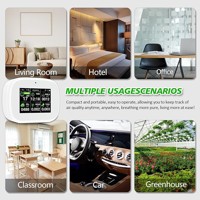 18-in-1 Smart Air Quality Monitor - Indoor WiFi Air Quality Detector with Dual Chip, Real-Time for AQI, CO2, PM2.5, PM1.0, PM10, TVOC, HCHO, Time Display, Temperature & Humidity (White-Black)