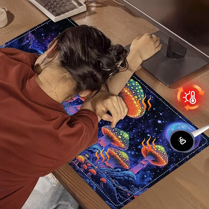Heated Mouse Pad 23.6 x 14 in 3-Temp Fast Heating Desk Mat with Auto Timer Warmer for Hands Wrist Pain Relief Waterproof Keyboard Mat for Office, Gaming, Home, Mushroom Galaxy Art