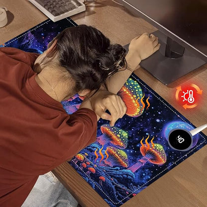 Heated Mouse Pad 23.6 x 14 in 3-Temp Fast Heating Desk Mat with Auto Timer Warmer for Hands Wrist Pain Relief Waterproof Keyboard Mat for Office, Gaming, Home, Mushroom Galaxy Art