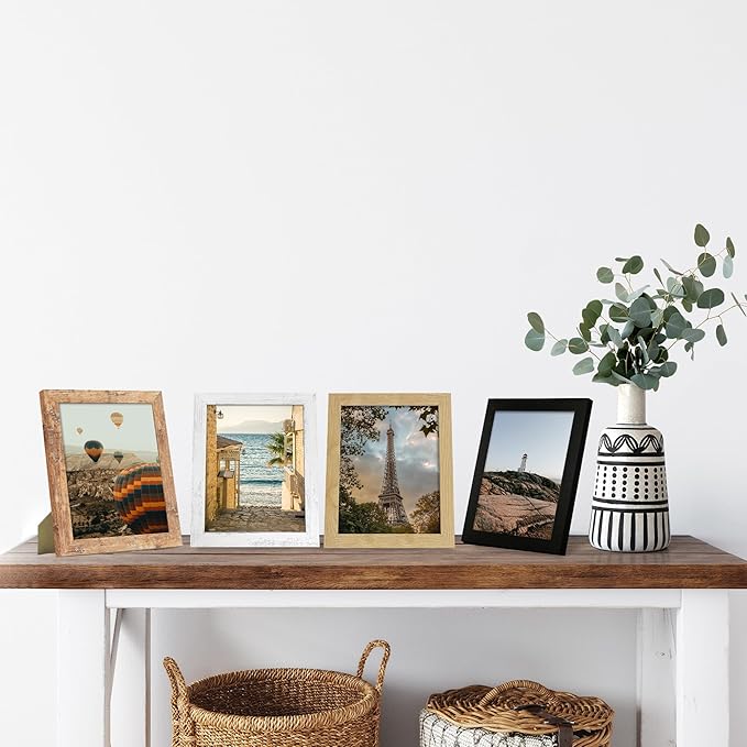 iRahmen 8x10 Picture Frame Set of 4, High Definition Real Glass 8 x 10 Photo Frames for Desktop Display and Wall Mounting(Distressed White+Oak+Rustic Brown+Black)