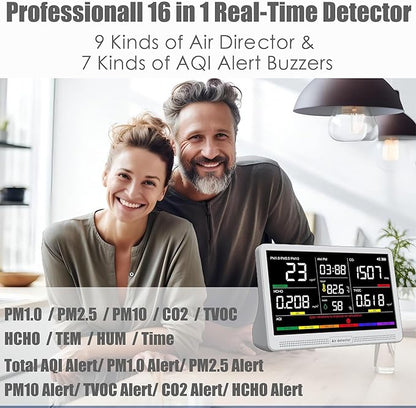 Professional Indoor Air Quality Monitor with 7X AQI Beep Alarms,16 in 1 Portable Real-Time Detector for PM2.5 | PM10 | CO2 | TVOC | HCHO | Temp | Hum for Home Cars Plants Pets