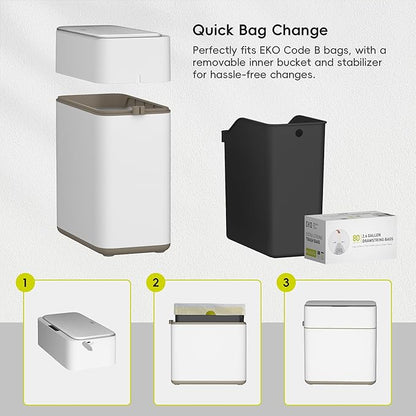 EKO Automatic Bathroom Trash Can with Lid, 2.1 Gallon Touchless Garbage Bin with Removable Bucket, Slim Stainless Steel Garbage Bin, Motion Sensor Trash Can for Bathroom, Bedroom, Office, White