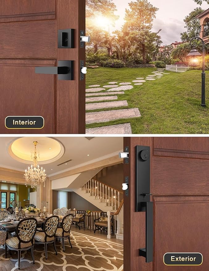 Full Escutcheon HandleSet Front Door Entry Handle and Deadbolt Lock Set Slim Square Single Cylinder Deadbolt and Lever Heavy Duty – Matte Black Finish