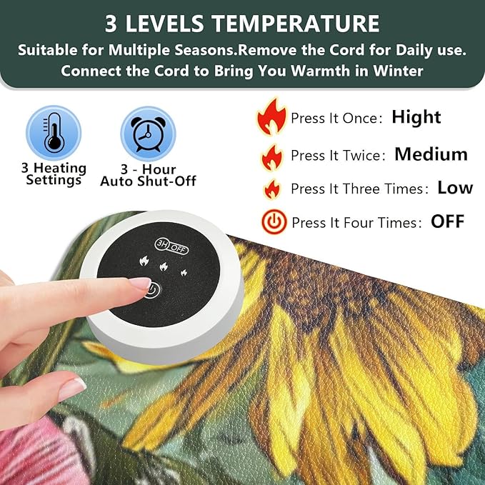 Heated Desk Pad Mouse Pad 31.5x13 Inch PU Leather Desk Mat with 3 Heat Levels Large Mouse Gaming Computer Laptop Mat Bees Sunflowers Leaves Green