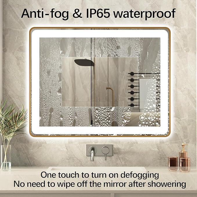 Niccy LED Bathroom Mirror, 32"x20" Rectangle Wall Mounted Vanity Mirrors with Metal Frame, Anti Fog Dimmable Smart Mirror for Bathroom/Bedroom/Livingroom/Entryway, (Horizontal or Vertical),Gold