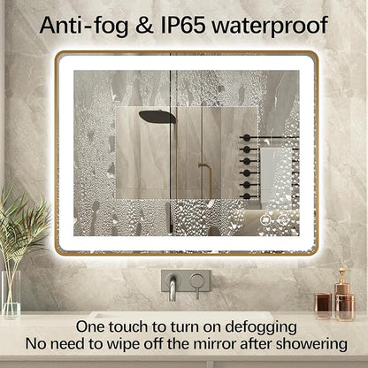 Niccy LED Bathroom Mirror, 32"x20" Rectangle Wall Mounted Vanity Mirrors with Metal Frame, Anti Fog Dimmable Smart Mirror for Bathroom/Bedroom/Livingroom/Entryway, (Horizontal or Vertical),Gold