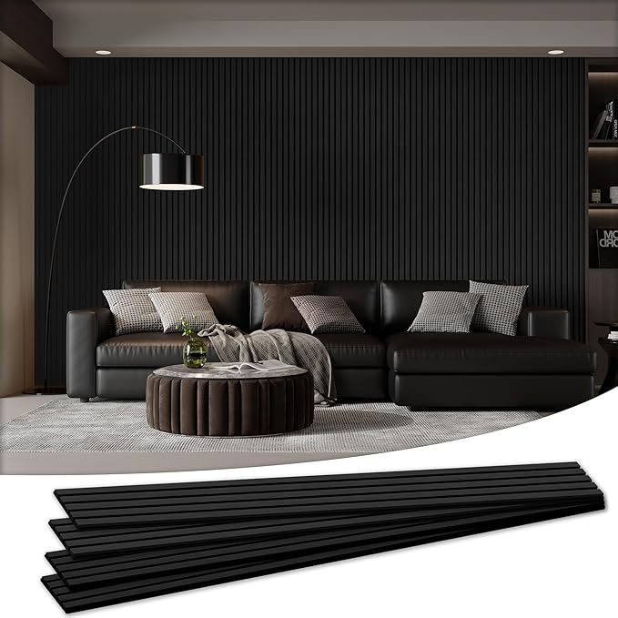 Wood Salt Acoustic Wall Panels, 4 Piece 94" x 12.6" x 0.8" Soundproof Wooden Wall Panels, 3D Fluted Sound Absorbing Panel, Matte Black