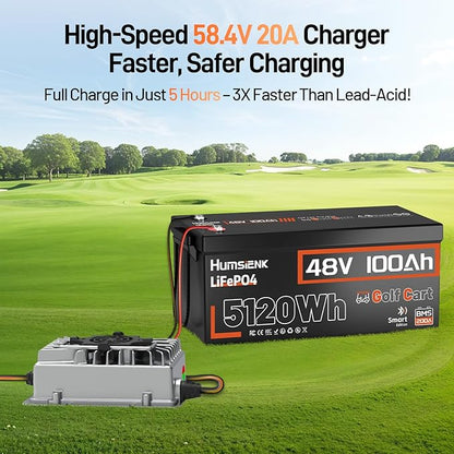 HumsiENK 48V 100Ah Golf Cart LiFePO4 Lithium Battery Bluetooth Monitor with 15A Charger, 15000+ Cycles Battery with Peak Current 600A & Group 8D, 200A BMS with Low-Temp Protection for Golf Carts