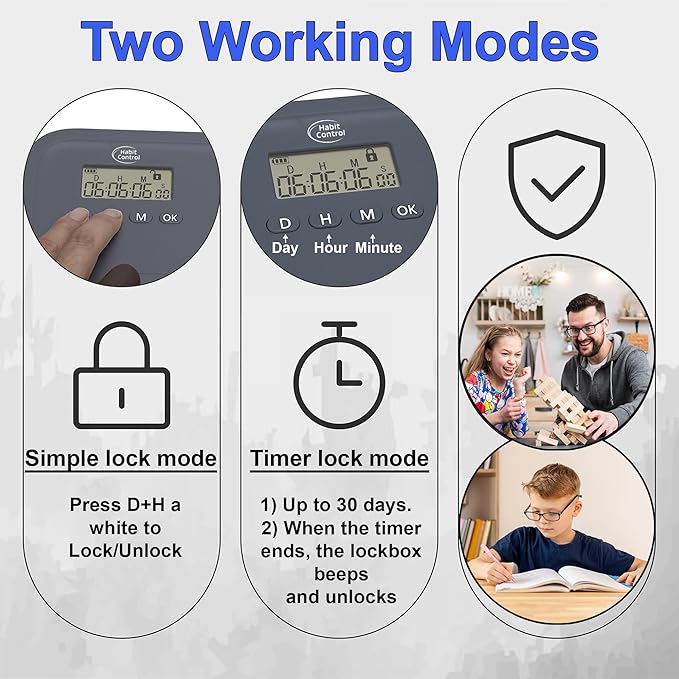 Timed Lock Box - Unplug from Cell Phones, Video Games, Socials, Snacks, Distractions - Simple or Timer Lock Mode - 30 Days Max Timer - Be More Present, Productive & Focused - Habit Control - Gray
