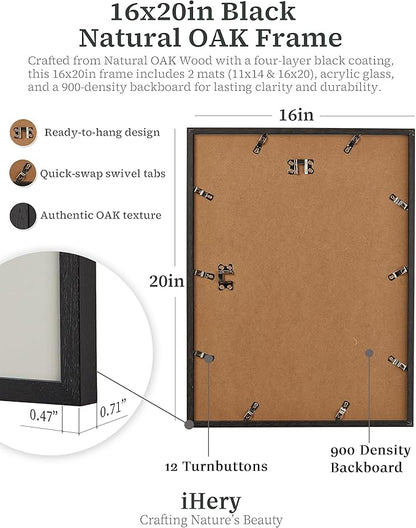 iHery Standard 16x20in Truly Natural OAK Wood Black Color Picture Frame with High Transparency Acrylic Glass Thickened Backboard, Photo Frames Minimalistic Design Narrow Border 1Pack
