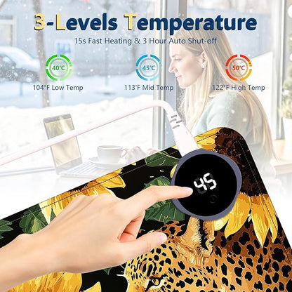 Heated Mouse Pad with 3 Temperature Settings(104°F–122°F),Large 31.5x13 Inch PU Leather Heated Desk Mat,Waterproof Warming Pad for Office,Gaming & Cold Hands Relief,Sunflowers Leopard Print