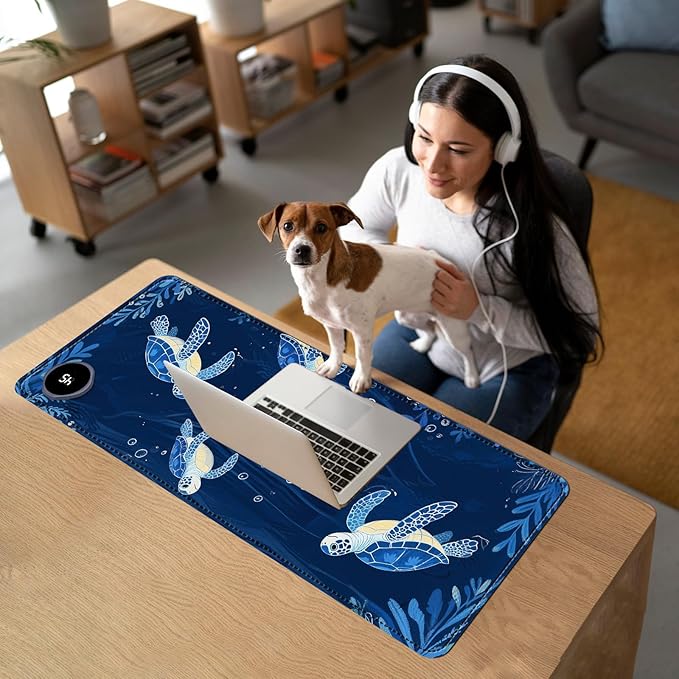 Heated Mouse Pad with 3 Temperature Settings(104°F–122°F),Large 31.5x13 Inch PU Leather Heated Desk Mat,Waterproof Warming Pad for Office,Gaming & Cold Hands Relief,Blue Sea Turtle
