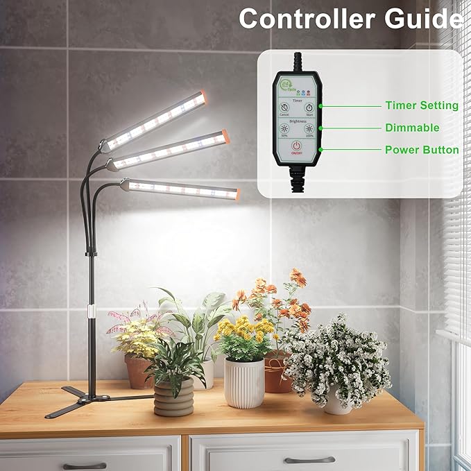 GooingTop Grow Light for Indoor Plants,5000K Full Spectrum Growing Plant Lamp with White Red Blue LED for Pots Succulents Seed Starting,Height Adjustable 10-32'' with Optional Dimming & Timer