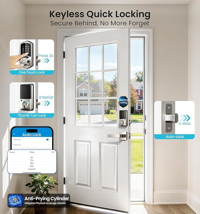 Veise VE07-L Fingerprint Smart Locks for Front Door with Zinc Alloy Handle Set, App Control, Keyless Entry, Electronic Digital Keypad Deadbolt, Auto Lock, Waterproof, Easy to Install, Satin Nickel
