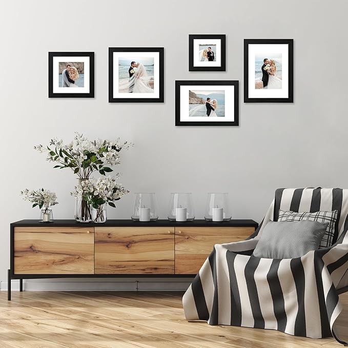 iRahmen 6x6 Picture Frame Set of 4 with High Definition Glass, Black Frames Display 4x4 Picture with Mat or 6 x 6 Without Mat, Square Wood Photo Frame for Wall Mount and Tabletop Display