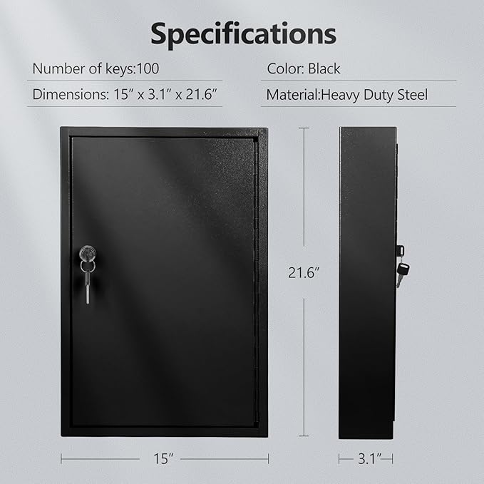 SHANTRA Key Box Cabinet, Wall Mount 100 Position Metal Locking Key Cabinet Organizer - Key Storage Box with Key Tags, Adjustable Lockbox for Keys, Secure Holder for Home, Hotels, and Valets - Black