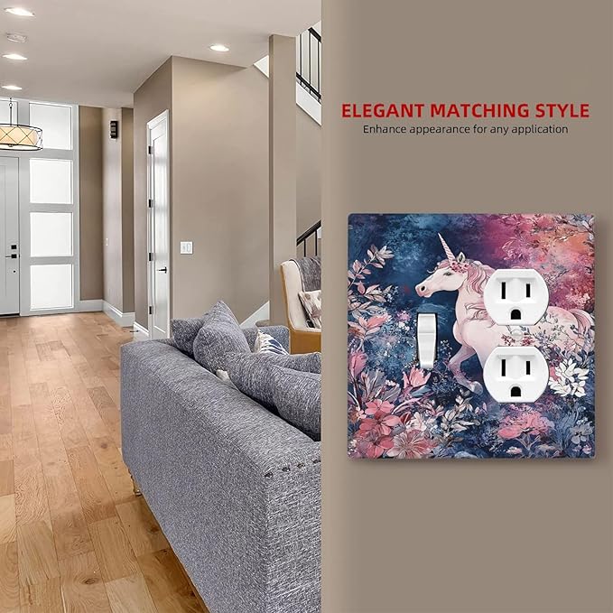 Outlet Covers Fantastic Pink Unicorn Wildflower Forest 1 Toggle 1 Duplex Switch Plate Covers Electrical Light Switch Cover Plate Decorative Wall Plate Socket Cover for Bedroom Kids room Decor
