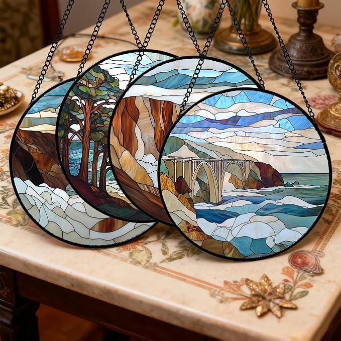 Stained Glass Window Hanging 4 Pcs Set Ocean Waves 7.8" - Blue and White Sea Suncatcher Door Garden Sun Catcher Decor Birthday Christmas for Mom Woman Nana Men