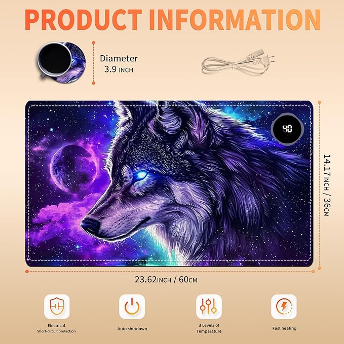 Heated Mouse Pad, Warm Desk Pad, Keyboard Mat 23.6 x 14 Inch Large Size Intelligent Fast Heating, 3 Speed Adjustable, Timed Auto Power Off for Game Office Home, Galaxy Wolf