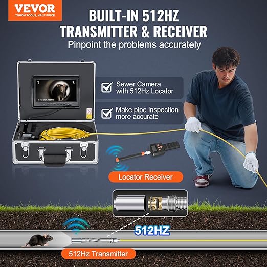 VEVOR Sewer Camera with 512Hz Locator, 98 ft/30 m, 9" Drain Inspection Camera with Self-Leveling, 36X Zoom, Plumbing Camera with Lights-12 LED, 32GB Card, IP68 Waterproof Snake Camera for Duct Pipe