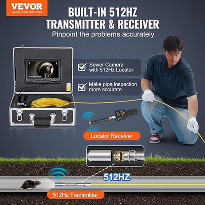 VEVOR Sewer Camera with 512Hz Locator, 98 ft/30 m, 9" Drain Inspection Camera with Self-Leveling, 36X Zoom, Plumbing Camera with Lights-12 LED, 32GB Card, IP68 Waterproof Snake Camera for Duct Pipe