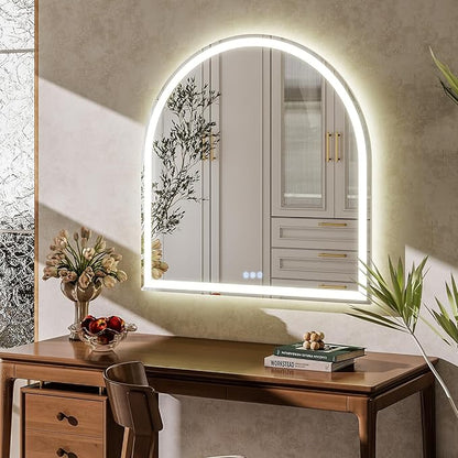 BEAUTYPEAK 34x30 LED Arch Bathroom Mirror with Lights, Anti-Fog, Dimmable, Backlit + Front Lit, Lighted Bathroom Vanity Mirror for Wall, 3 Colors, Memory Function, Tempered Glass, Shatter-Proof