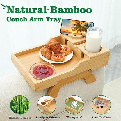 Bamboo Couch Cup Holder, 4 in 1 Couch Arm Trays with 360°Rotated Phone Holder, Non-Slip Clip on Side Table for Drinks/Remote/Snacks, Ideal Gift for Husband, Wife, Parents