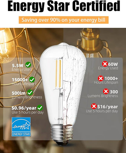 Lumiverse 120 Pack E26 Vintage LED Edison Bulbs CRI 90+, 5.5W 60W Equivalent Dimmable, Antique Style ST19/ST58 LED Light Filament Bulbs 2700K Soft White