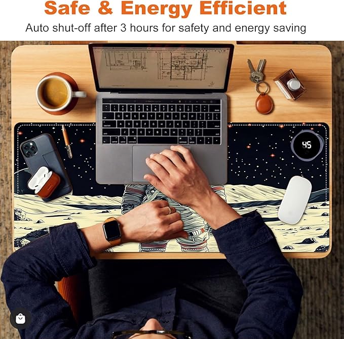 Heated Mouse Pad for Desk 31.5" x 13" – PU Leather Warm Desk Pad with 3 Heat Levels (104°F/113°F/122°F), Plug-in Electric Heating Mat with Auto Shut-Off, Waterproof & Rollable, Astronaut on Moon
