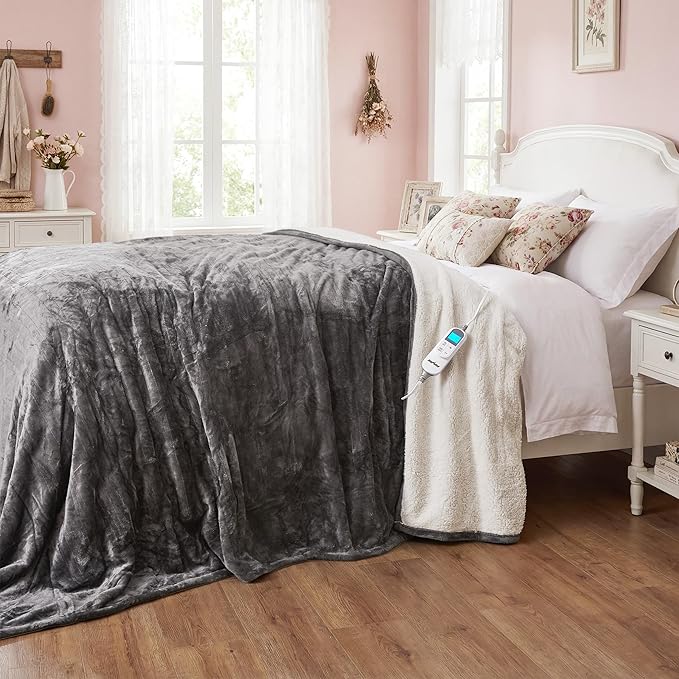 SUNVIVI Heated Blanket Queen Size, Electric Throw Dual Control, 5 Years Warranty, 10 Heat Settings, 12 Hours Auto Off, Soft Flannel and Sherpa, Machine Washable, ETL Certified, Grey, 84x90 Inch