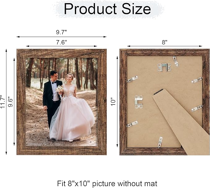 iRahmen 8x10 Picture Frame Set of 4, High Definition Glass Brown Frame, 8 x 10 Wood Rustic Picture Frames for Horizontal or Vertical Table Top and Wall Mounting