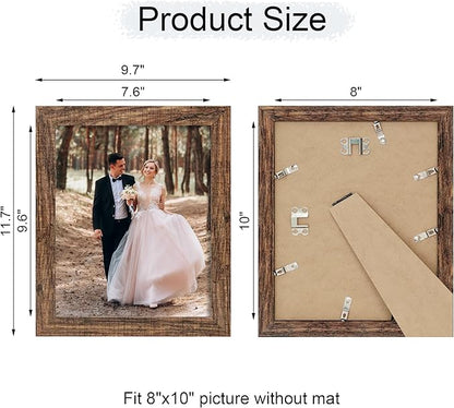 iRahmen 8x10 Picture Frame Set of 4, High Definition Glass Brown Frame, 8 x 10 Wood Rustic Picture Frames for Horizontal or Vertical Table Top and Wall Mounting