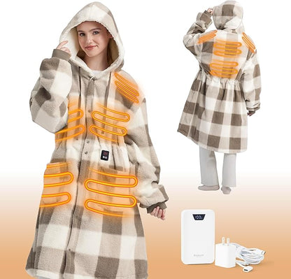 Bedsure Cordless Heated Wearable Blanket Hoodie - Faux Cashmere Electric Blanket with 20000mAh Battery Pack, Portable USB Heated Throw, Gifts for Women, 4 Heat Levels & 4 Timers, 22"x43", Brown Plaid