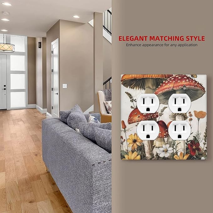 Outlet Covers Mushroom Forest Butterfly Wild Flower 2 Gang Double Duplex Decorative Light Switch Covers Electrical Wallplates Socket Faceplate For Bed Room Living Room Decor