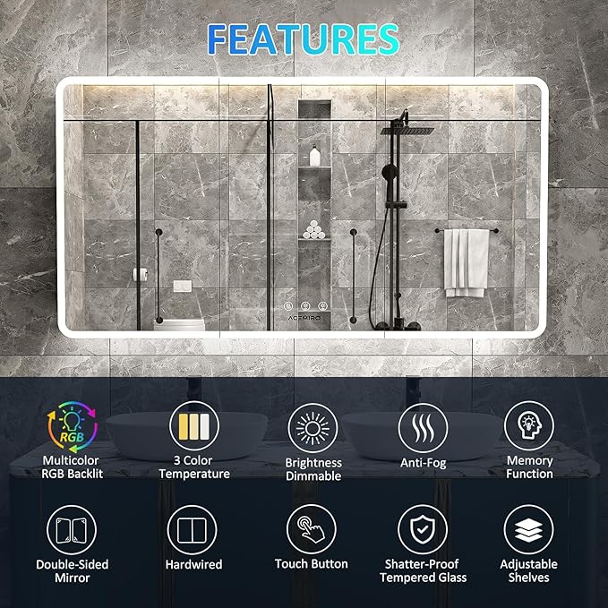 60×32 Inch Lighted Medicine Cabinet with Mirror, RGB Backlit LED Medicine Cabinet with 3-Color Front Lights, Bathroom Mirrored Cabinet with Electrical Outlet, Defogger, Three Door