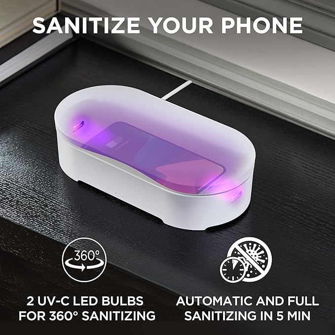 Lexon UV Phone Sanitizer Machine & Wireless Charger - OBLIO Box QI Fast Charging and 360° UV-C Light Cellphone Cleaner, Glasses, Keys, Makeup Brush, Tools, All That Fits in - White