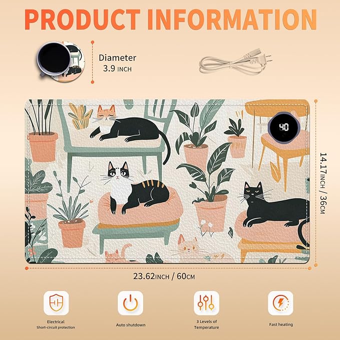 Heated Mouse Pad, Warm Desk Pad, Keyboard Mat 23.6 x 14 Inch Large Size Intelligent Fast Heating, 3 Speed Adjustable, Timed Auto Power Off for Game Office Home, Cartoon Cat Bed