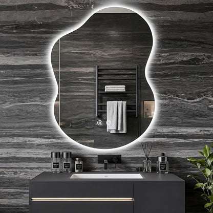 Asymmetrical Lighted Mirror for Bathroom,Modern LED Vanity Mirror with Backlit,Fog-Free,Tri-Color Dimmable Lighting with Memory Function,Hardwire Ready [Horizontal/Vertical] 30" H x 22" W