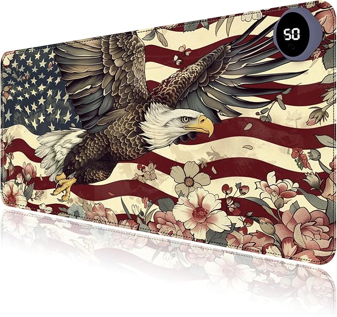 Heated Mouse Pad with 3 Levels Heated & 3 Hours Auto Shut-Off Mouse Pad for Warming Hands in Office Home, 31.5" x 13"Large Safe Desk Mat Hand Warmer，Flying Eagle Flag Flowers