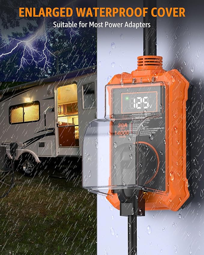 Rv Surge Protector 30 Amp with Smart LED Display, 14000J Circuit Analyzer Waterproof with Auto Shutoff & Reset for High/Low Voltage, 30 Amp Rv Surge Protector for Camper, Travel Trailer