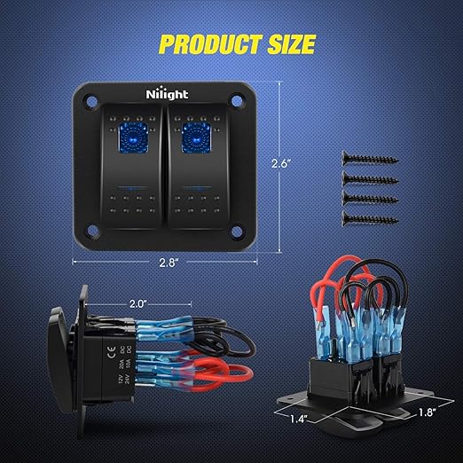 Nilight 90106B 2 Gang Rocker Switch Panel 5 Pin On Off Pre-Wired Rocker Switch Aluminum Panel Waterproof Switche Panel for 12V/24V Automotive Cars Marine Boats ATVs Trailers,2 Years Warranty , Blue